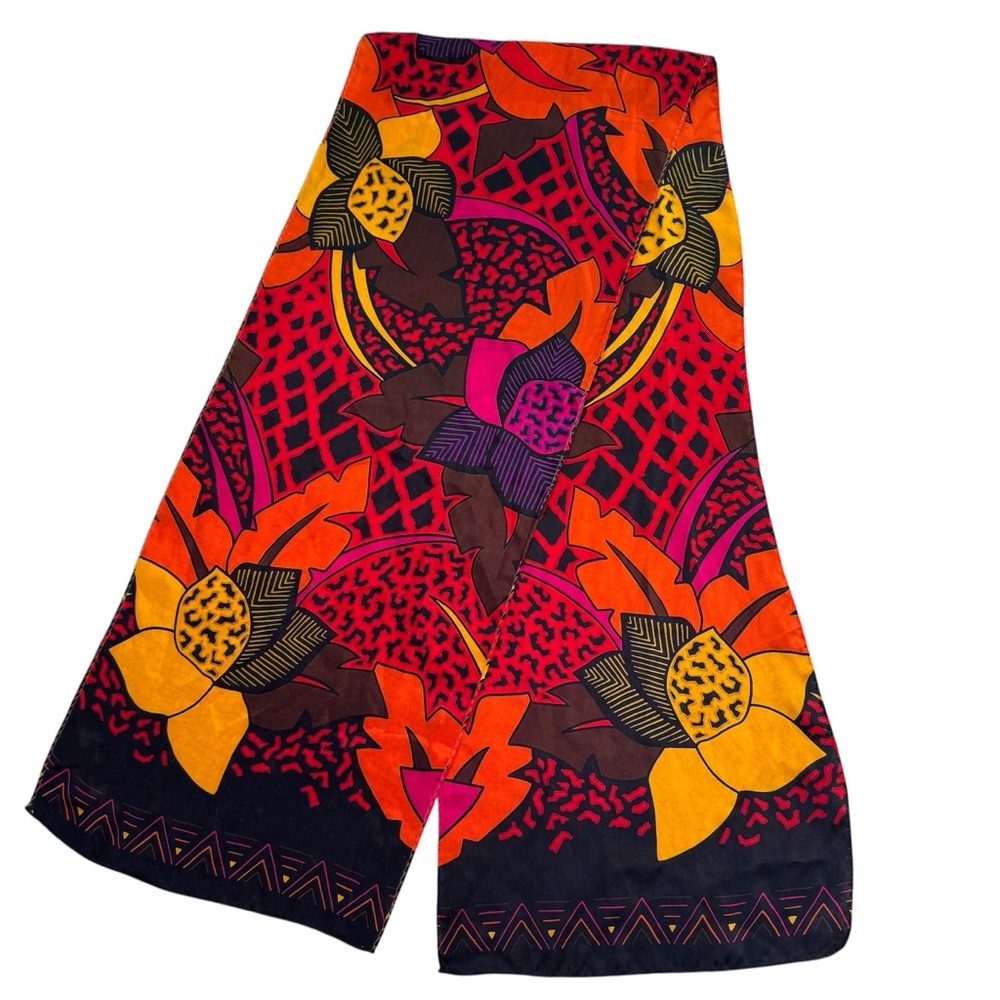 Vintage Tomato Red Black Bright Yellow Silk Oblong Scarf Hawaiian Floral Print - Picture 2 of 9